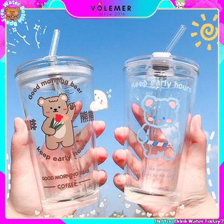Cốc nước thủy tinh in hình gấu dễ thương có ống hút và nắp đậy chống tràn