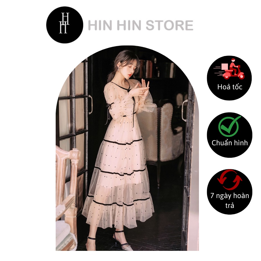 Đầm voan ren tầng chấm bi tay dài tiểu thư màu be H162 Hỉn Hỉn Store