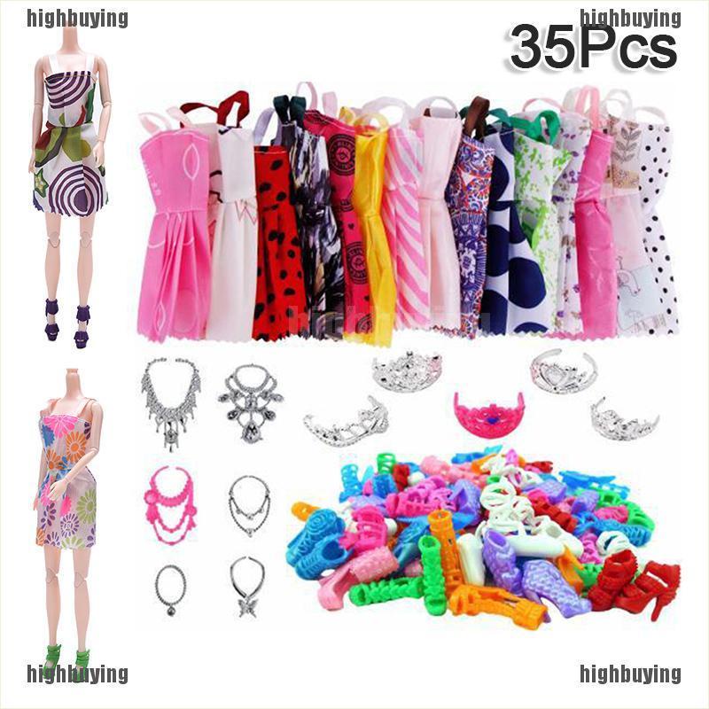 Set 35 Váy 12 Đôi Giày Cao Gót + 5 Vương Miện + 6 Dây Chuyền Cho Búp Bê Barbie
