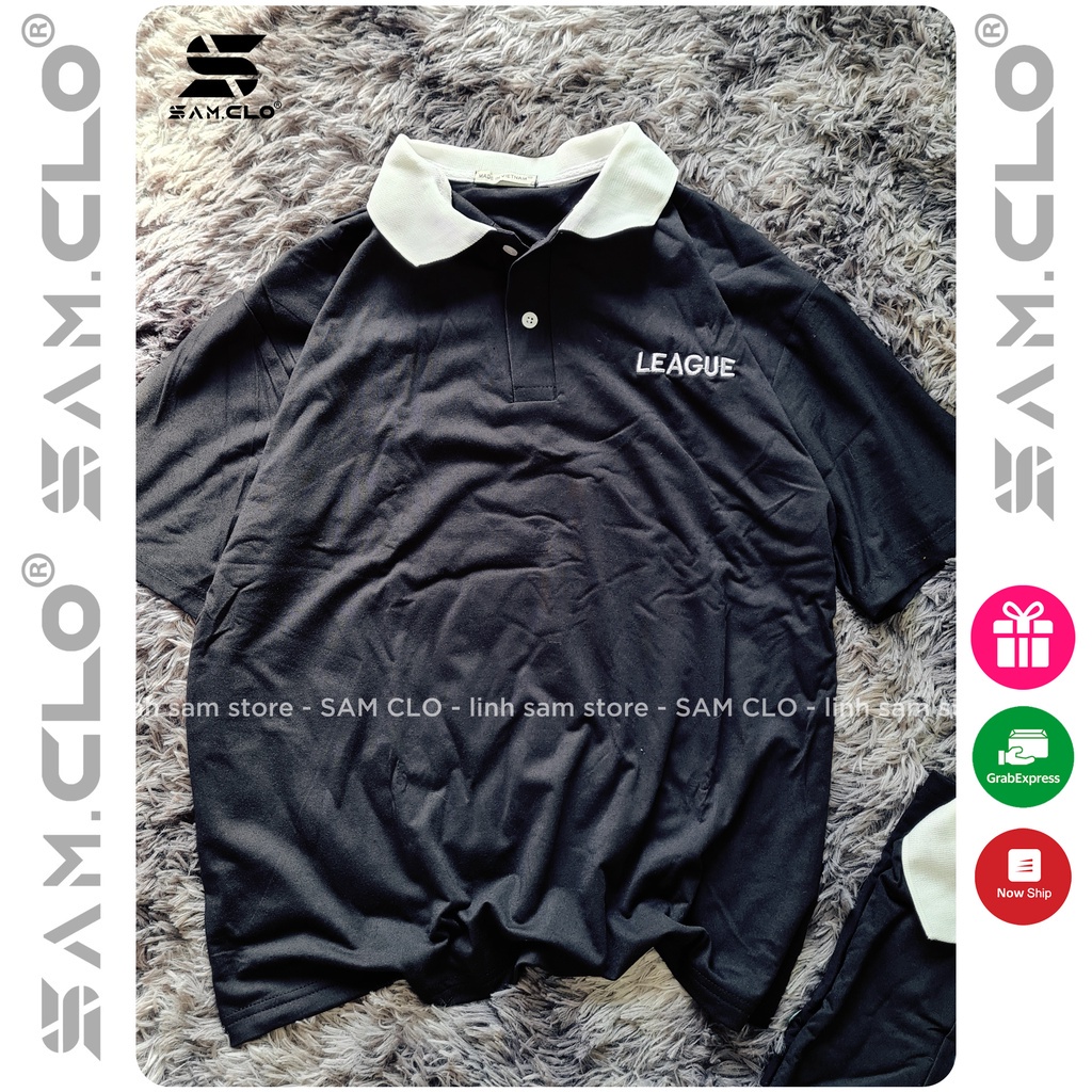 Áo thun Polo tay lỡ SAM CLO có cổ form rộng phông freesize dáng unisex mặc cặp, nhóm, lớp, đi học in chữ LEAGUE