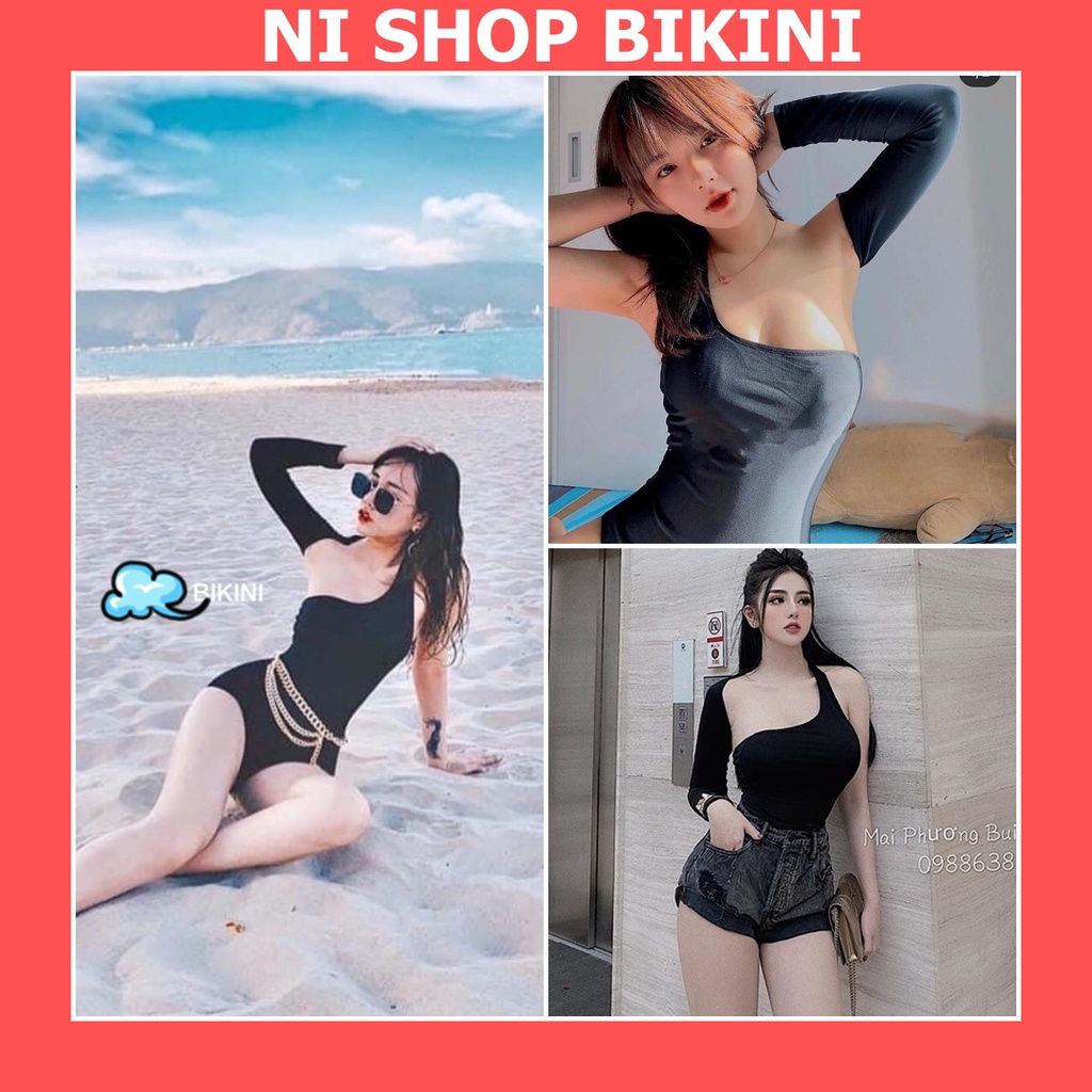 Bikini nữ đẹp đi biển kín đáo áo bodysuit 1 tay dài lệch vai L07