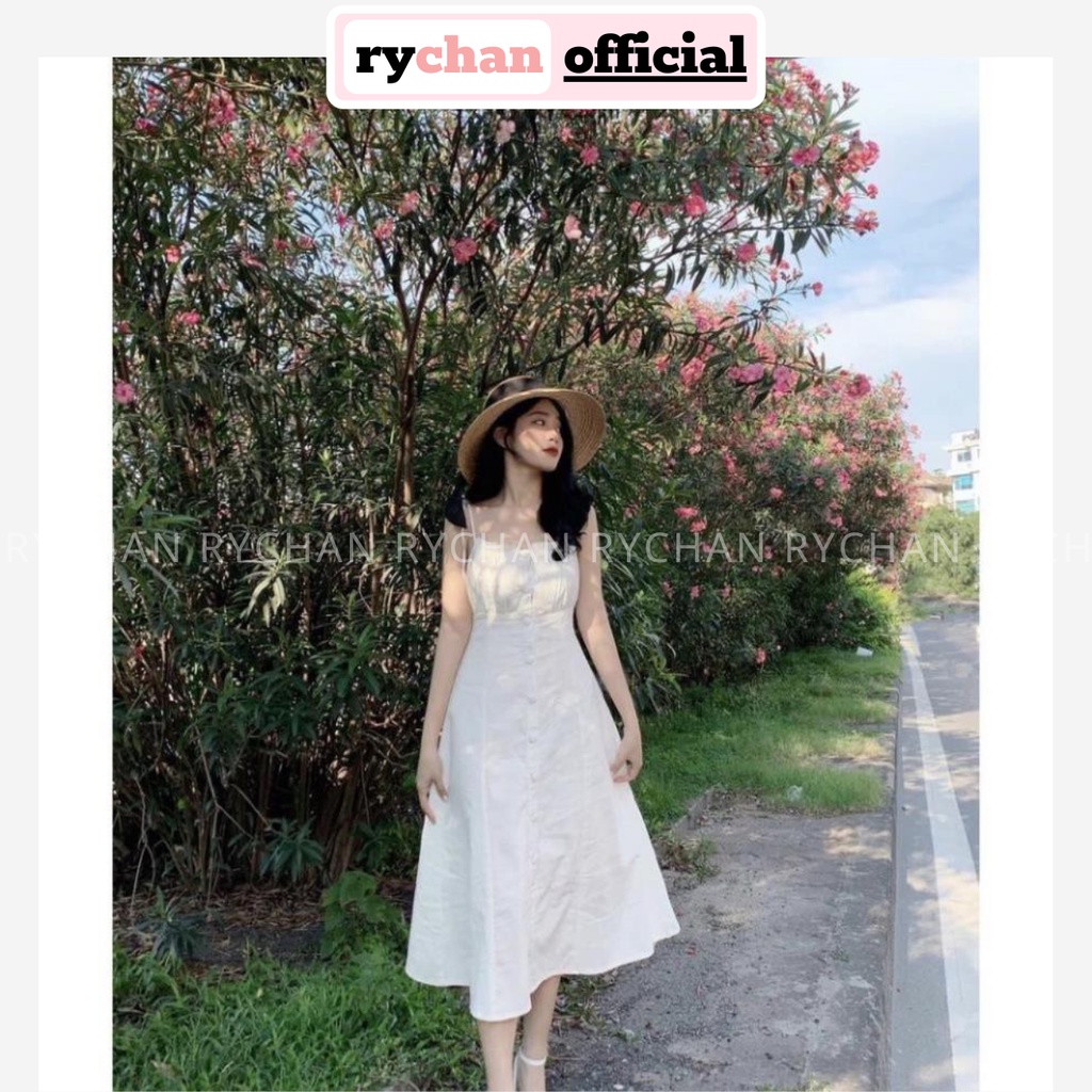 Đầm Xòe Đi Du Lịch Biển Midi Nút Bọc Thắt Nơ Vai 2 Màu [ảnh thật cuối] - DX9969