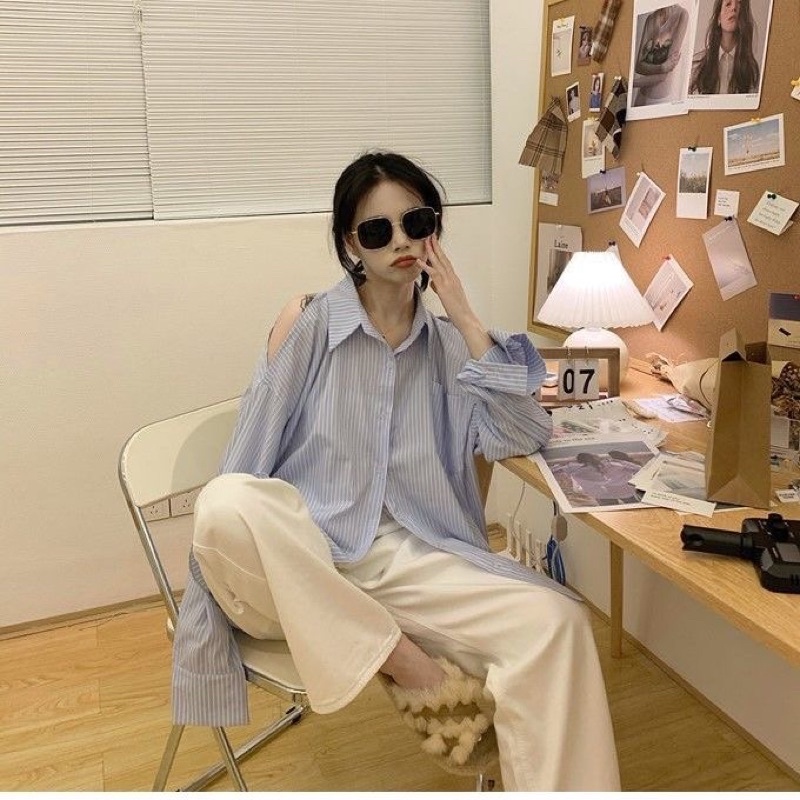 Áo sơ mi kẻ sọc khoét vai siêu xinh