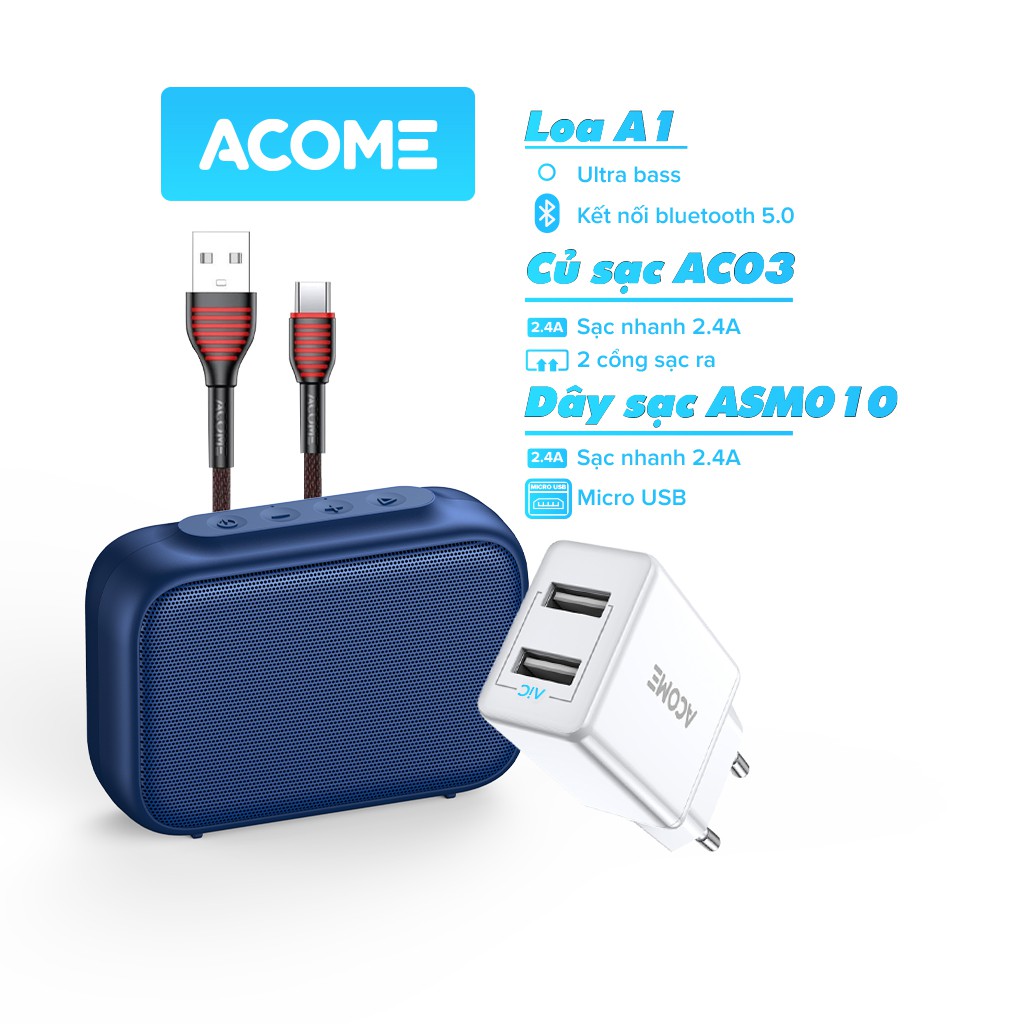 Combo Loa Bluetooth ACOME A1 Công Suất W+ Cốc Sạc Nhanh 2.4A- AC03 Và Cáp Sạc Nhanh Micro ASM010 Cáp Dù Bền Chắc 100cm