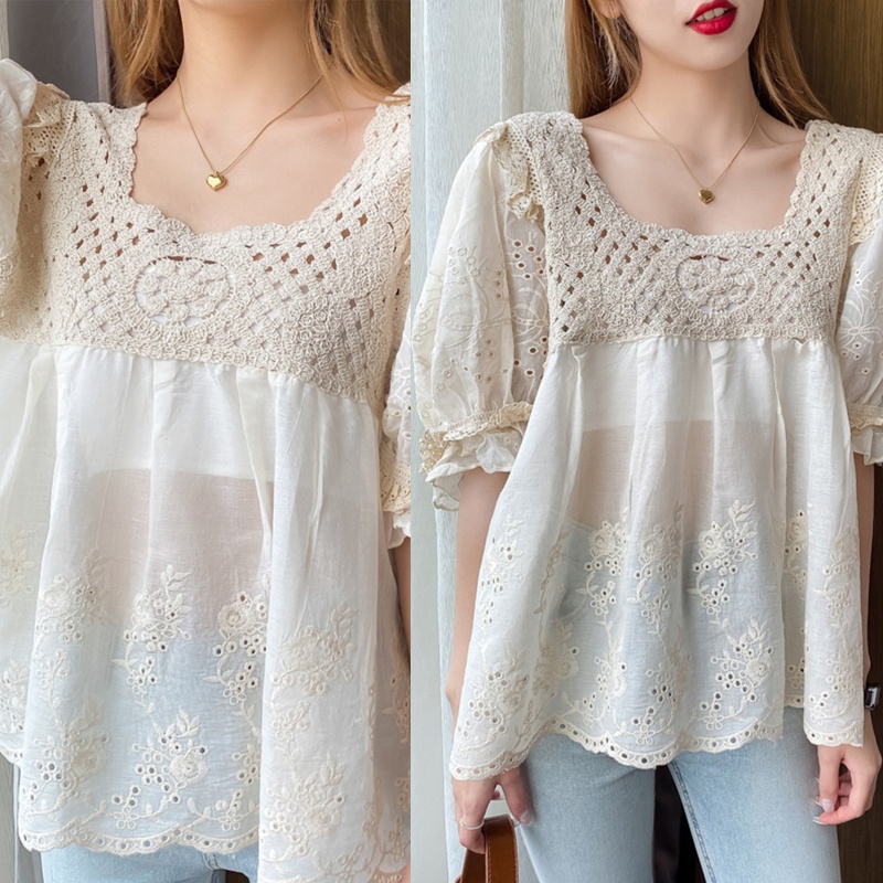 Brroa Áo Sơ Mi Tay Lửng Phồng Phối Ren Rỗng Thêu Họa Tiết Thời Trang Mùa Hè Hàn Quốc Cho Nữ