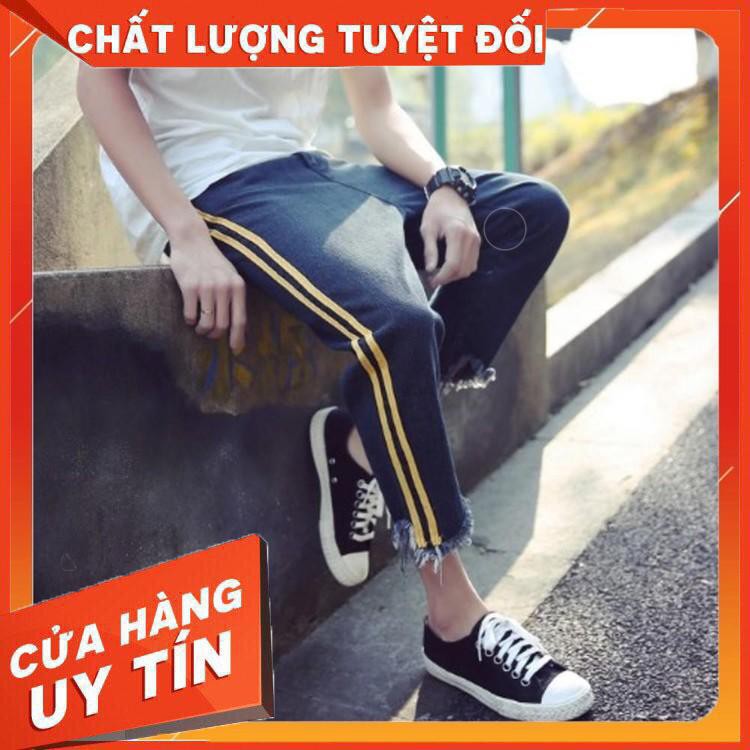 Quần jean 2line vàng tua xanh đen