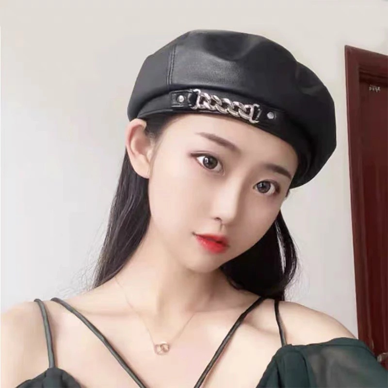 Mũ nồi da pu ấm áp phối dây xích thời trang phong cách cổ điển cho nữ