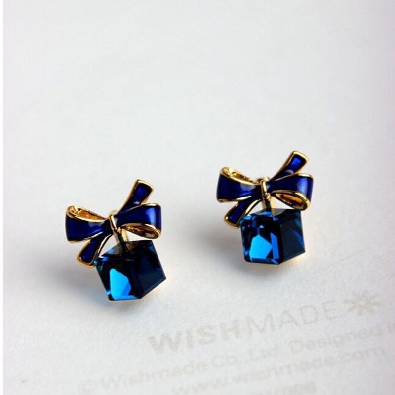 1 Cặp Bông Tai Nơ Đính Đá Pha Lê Xanh Thanh Lịch