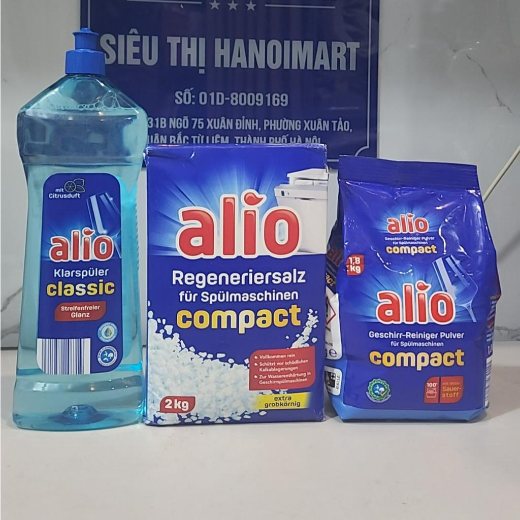 Combo Muối rửa bát Alio 2kg + bột rửa bát Alio 1.8kg + dung dịch dầu làm bóng bát 1 Lít dùng cho máy rửa bát chén ly