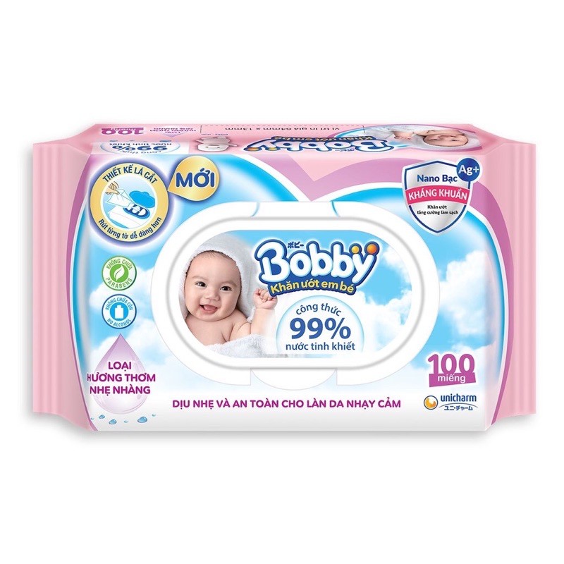 Khăn ướt Bobby Care hương thơm nhẹ nhàng 100 miếng (Hồng)