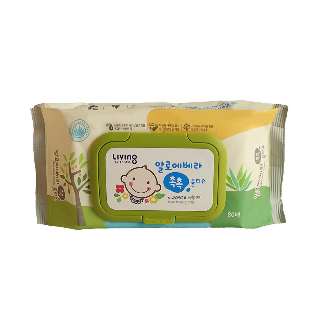 Khăn giấy ướt nha đam LIVING VERA CHOK CHOK Aloe Hàn Quốc - 80 tờ - khăn giấy ướt giữ ẩm da tay