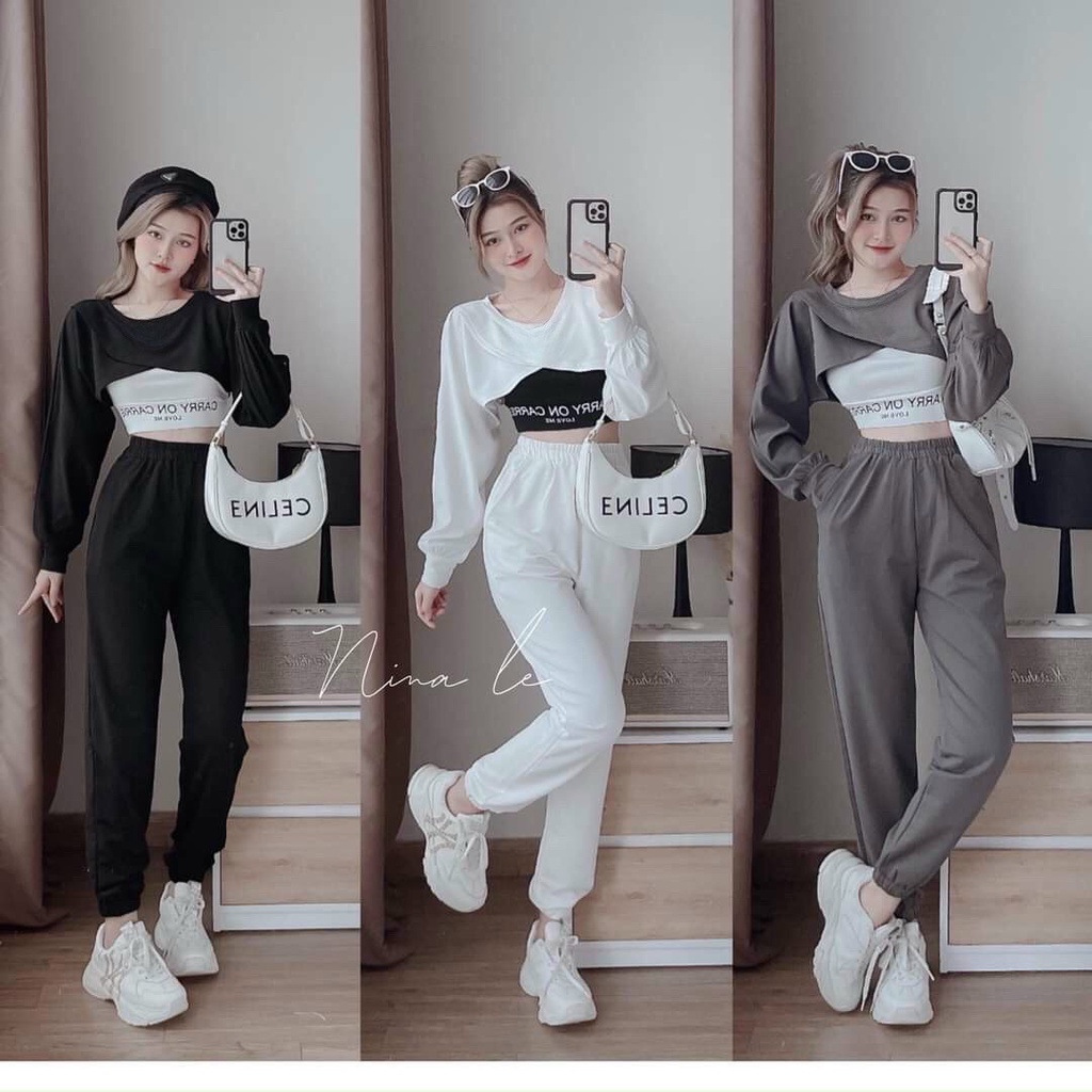 Sét bộ dài 3 món áo tay dài chéo ngực mix áo bra phối quần dài bo chun năng động cá tính