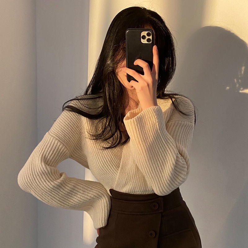 Set áo len dài tay + chân váy lưng cao thời trang nữ