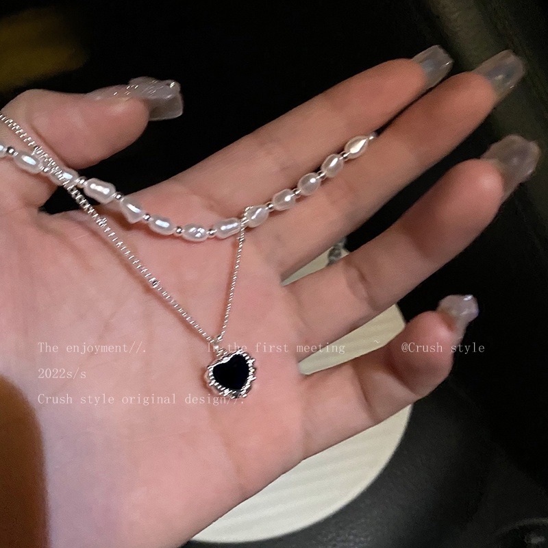 Vòng cổ choker Mặt Trái Tim Đôi Đính Ngọc Trai Đen Thời Trang Cho Nữ
