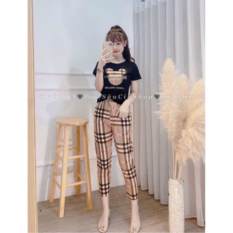 🌺Quá đẹp🌺☘️Set bộ da cá áo phông gấu bbr +quần dài kẻ caro sọc siêu cute☘️ MTB58