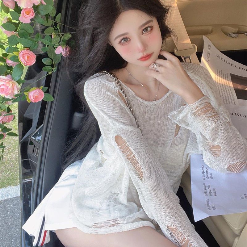 Áo Dệt Kim Mỏng Dáng Rộng Thiết Kế Rách Phong Cách Retro Mùa Hè Độc Đáo Cho Nữ