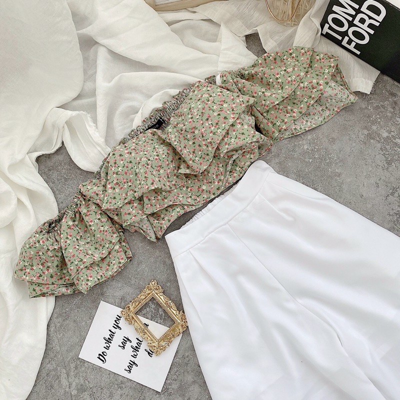 Set trang phục áo croptop hoa bèo ngực rớt vai + quần dài trắng ống suông (kèm ảnh thật) (SM)
