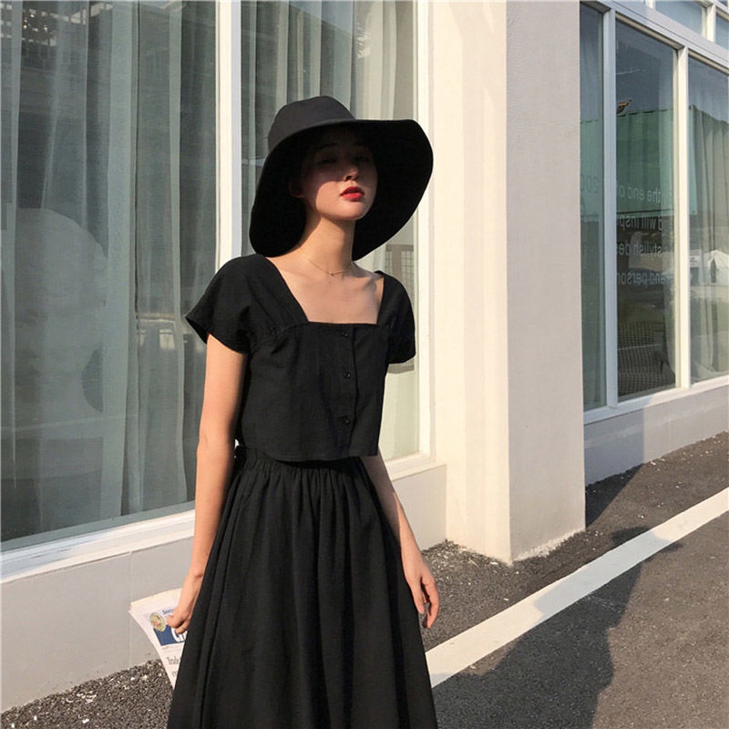 Set áo ngắn tay + chân váy chữ A dài lưng cao thời trang nữ