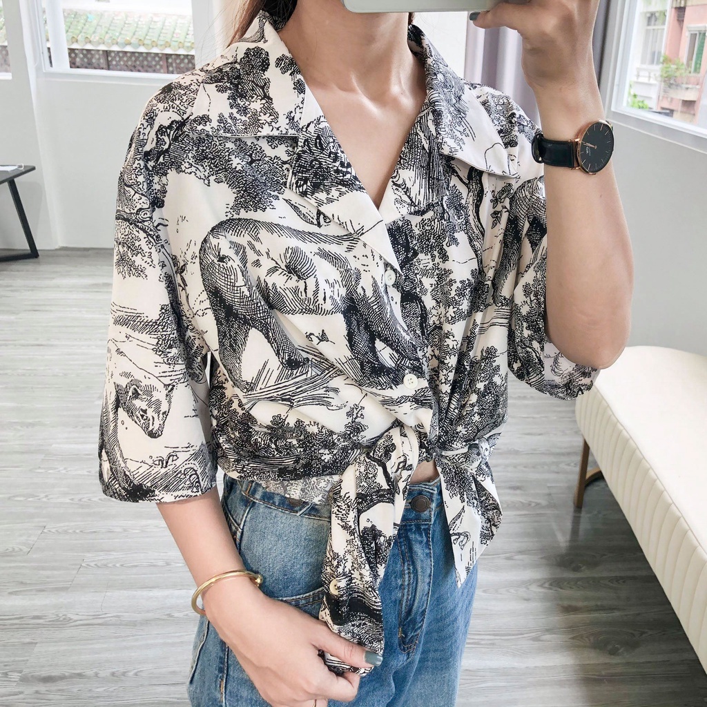 Áo Somi Unisex tay ngắn sơn thủy trắng đen