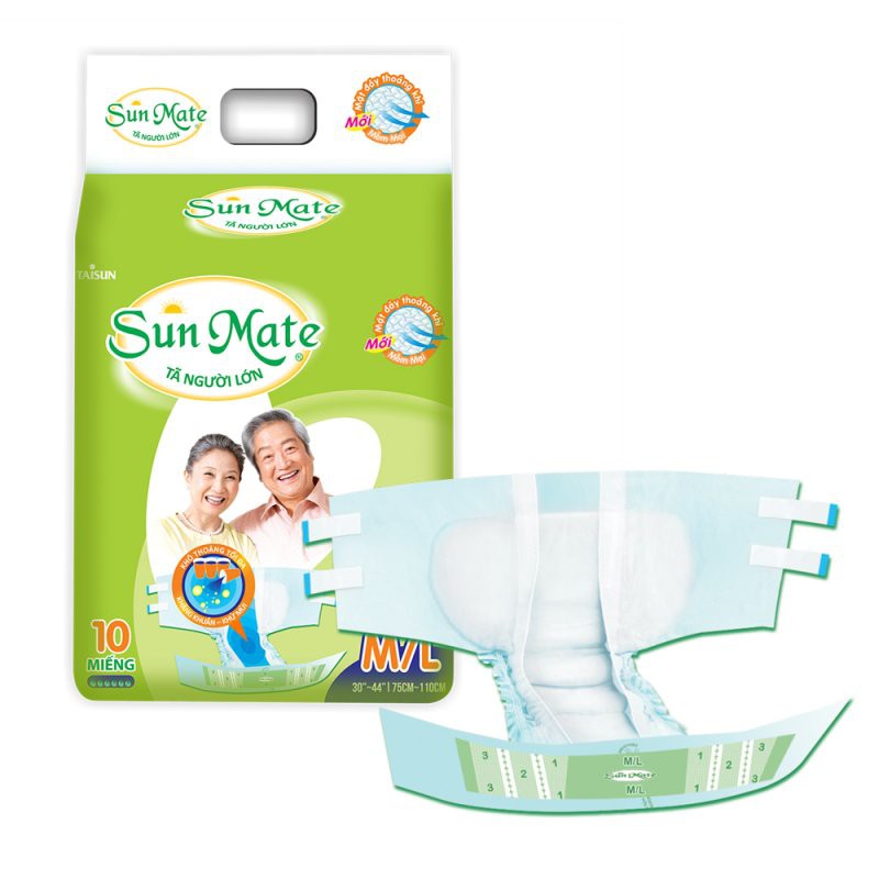 Tã Dán Người Lớn Sunmate Size M (Vòng bụng 62-107cm), L (Vòng bụng 75-110cm),  XL (Vòng bụng 100-140cm)  10 Miếng