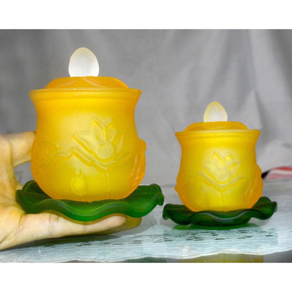 Ly nước thờ cúng bàn thờ hoa sen lưu ly vàng đế xanh-Ba cỡ