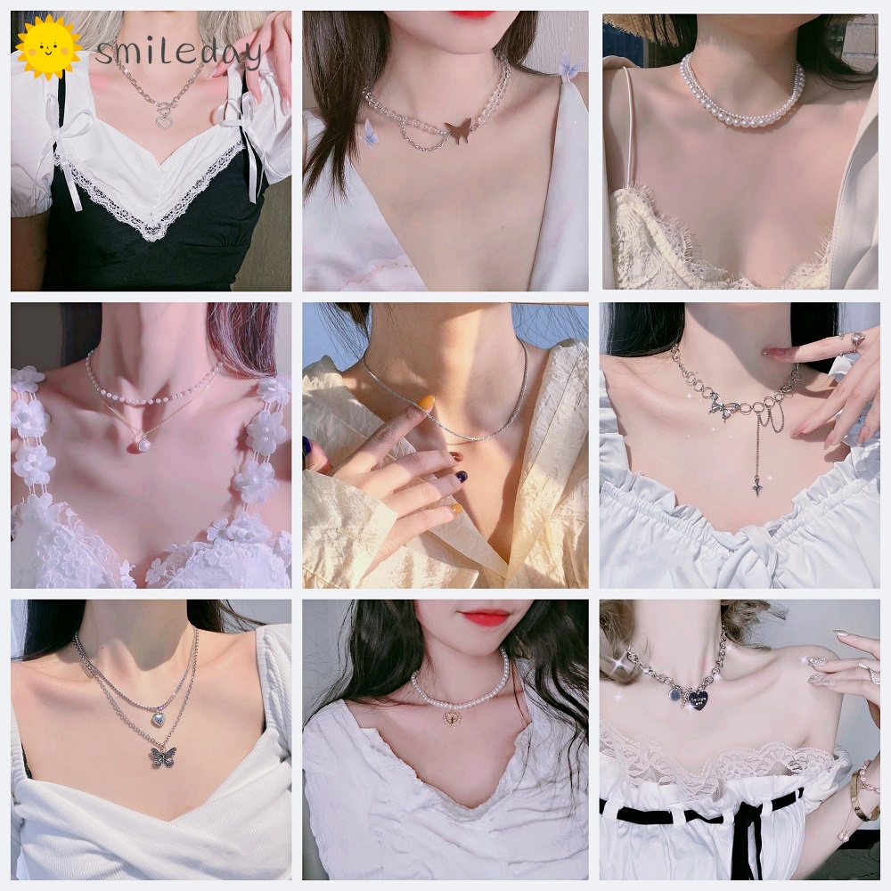 Dây chuyền hợp kim mặt hình bươm bướm / trái tim phối ngọc trai phong cách Hàn Quốc thời trang dành cho nữ