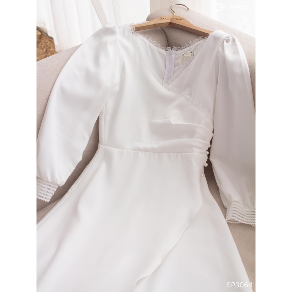 Váy cổ tròn chân xếp ly ren eo đính nơ ngực T280