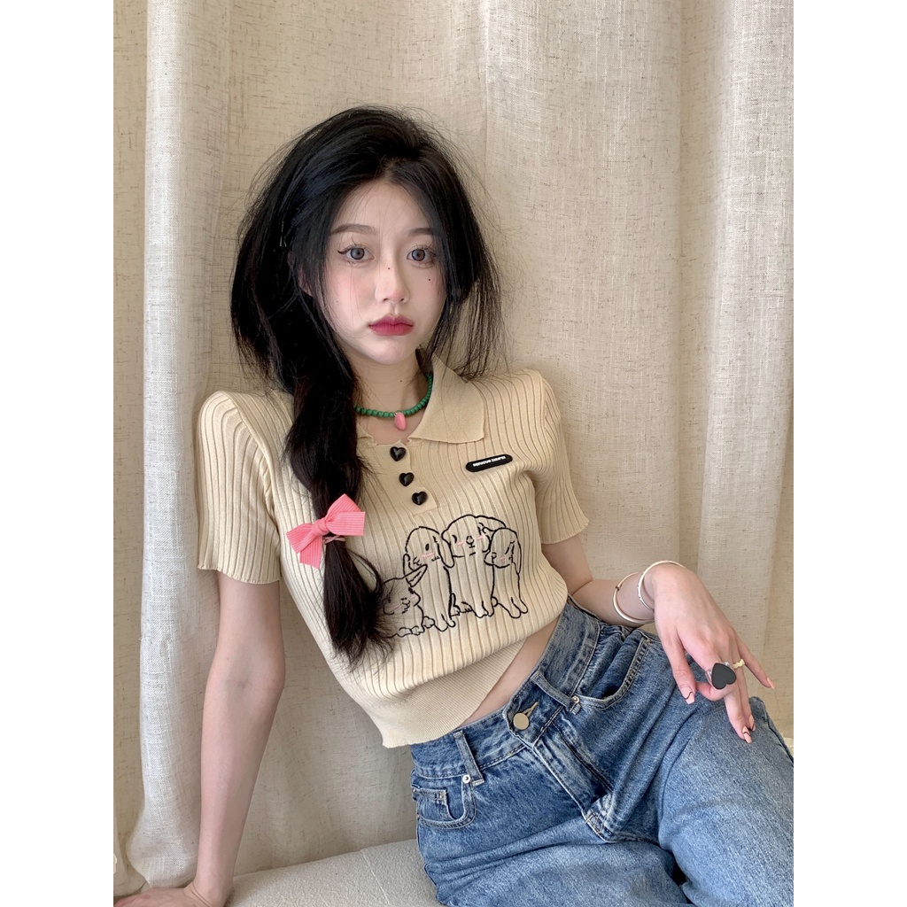 Cocory vn Áo Thun Croptop Dệt Kim Tay Ngắn Cổ Polo Thêu Họa Tiết Thỏ Thời Trang Mùa Hè Cho Nữ