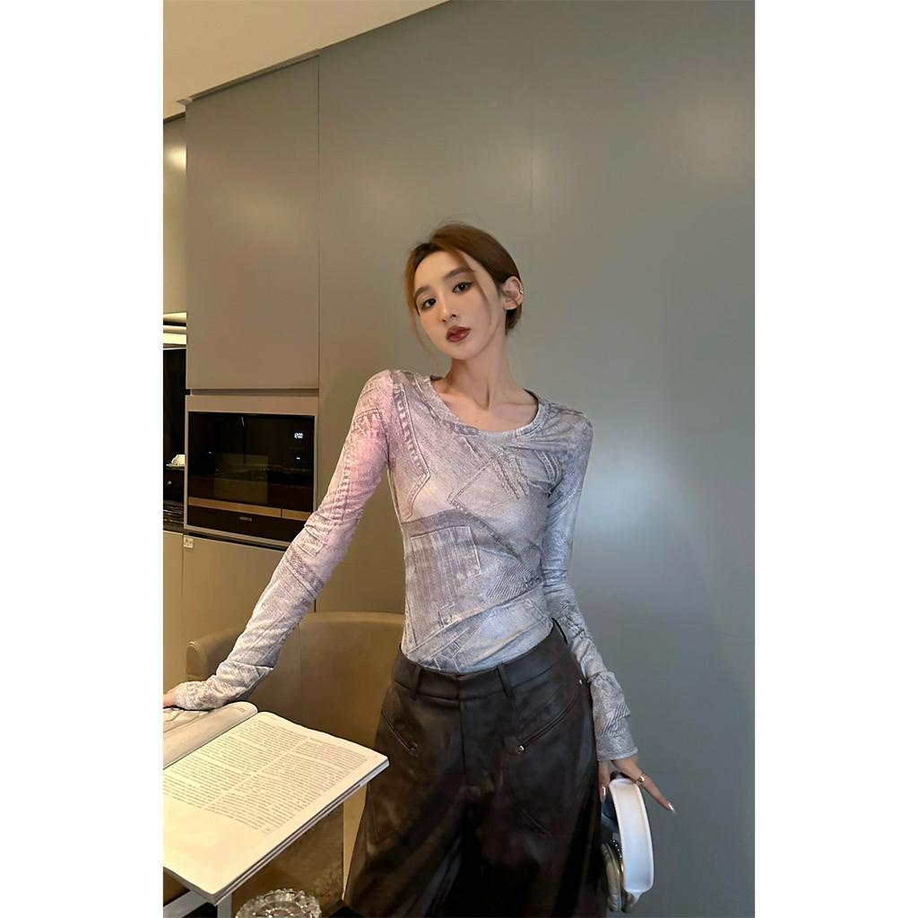 Cocory vn Áo Thun Tay Dài Dáng Ôm Hở Lưng In Họa Tiết Cổ Điển Thời Trang Phong Cách Hàn Quốc Cho Nữ