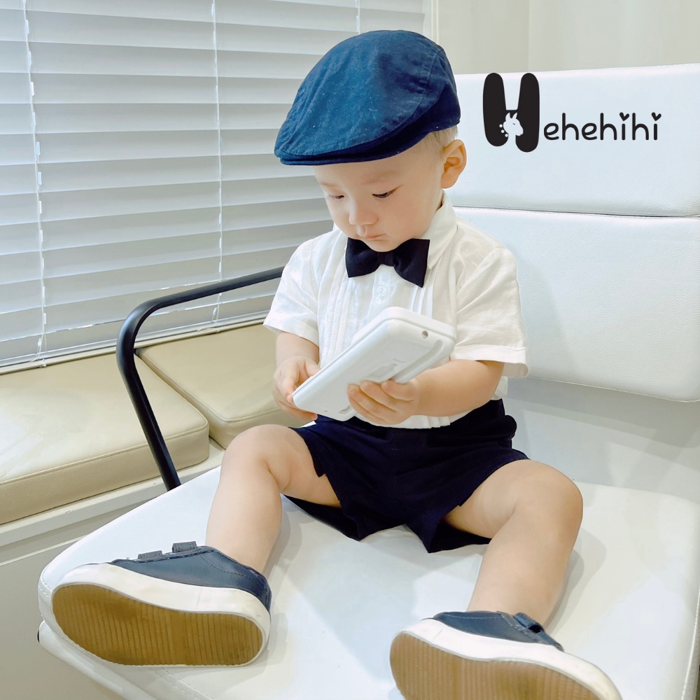 Áo sơ mi bé trai HEHEHIHI tay ngắn xếp ly màu trắng chất vải Linen Hàn Quốc thoáng mát A06