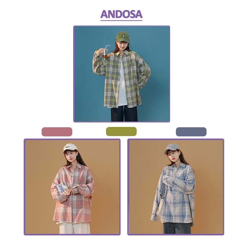 Áo sơ mi unisex form rộng tay dài kẻ caro đẹp hàng Quảng Châu ANDOSA SM09