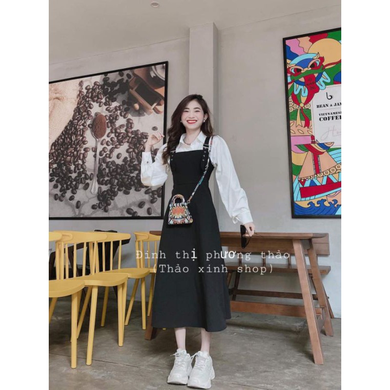 Set yếm đen phối khóa sắt kèm áo sơ mi trắng ullzang kèm ảnh thật