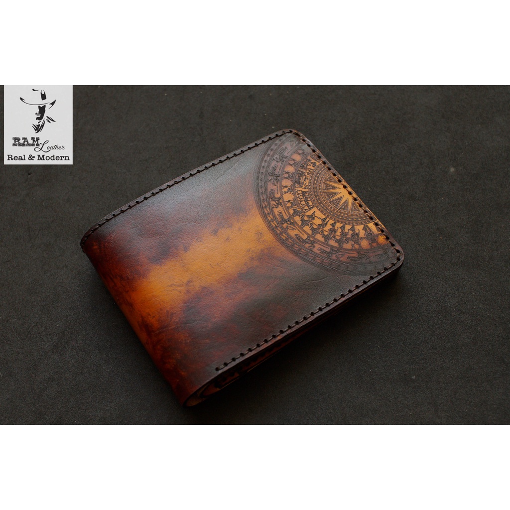 Ví nam Nữ Da Bò Italia Vegtan RAM Leather Màu Nâu Đỏ Trống Vàng