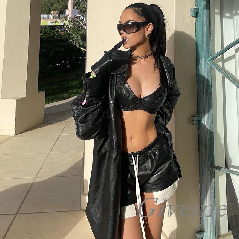 Quần Short Da PU Lưng Thun Rút Dây Màu Trơn Tương Phản Phong Cách Đơn Giản Hiệu Givenme Cho Nữ