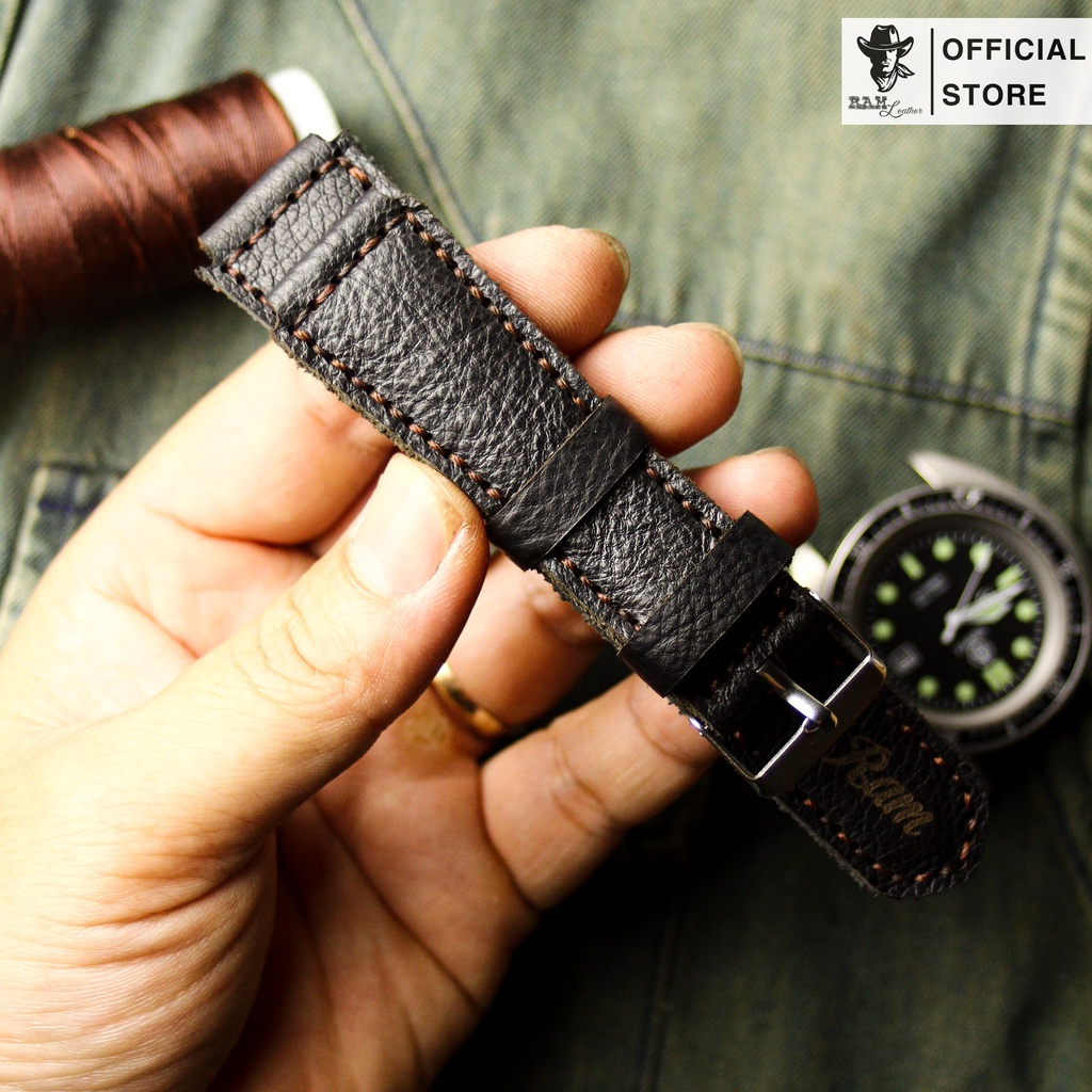 Dây Đồng Hồ Da Thật RAM Leather 1955 Cho Casio AE 1200 WHD và đồng hồ dây 18mm Da Dê Đen Vân Hạt  Bền Đẹp
