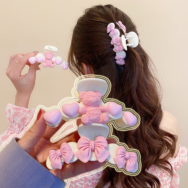 Kẹp Tóc Càng Cua Đính Nơ/Cá Mập Màu Hồng Dễ Thương Cho Nữ