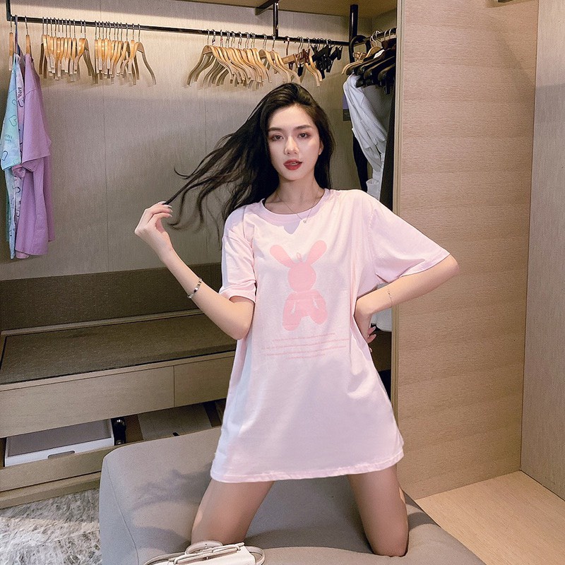 Áo thun thỏ hồng form rộng tay lỡ, áo phông in hình siêu cute