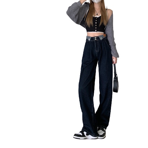 QKOOLE  Quần jean ống đứng lưng cao phong cách retro Hàn Quốc cho nữ