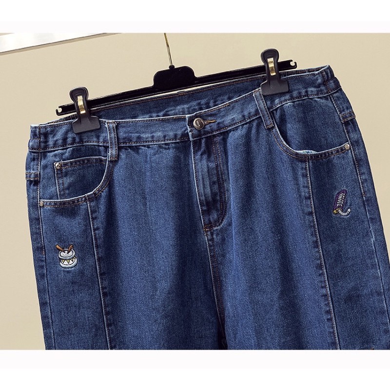 quần jean baggy big size màu xanh đậm lưng vao thêu hình dọc size 90-110kg