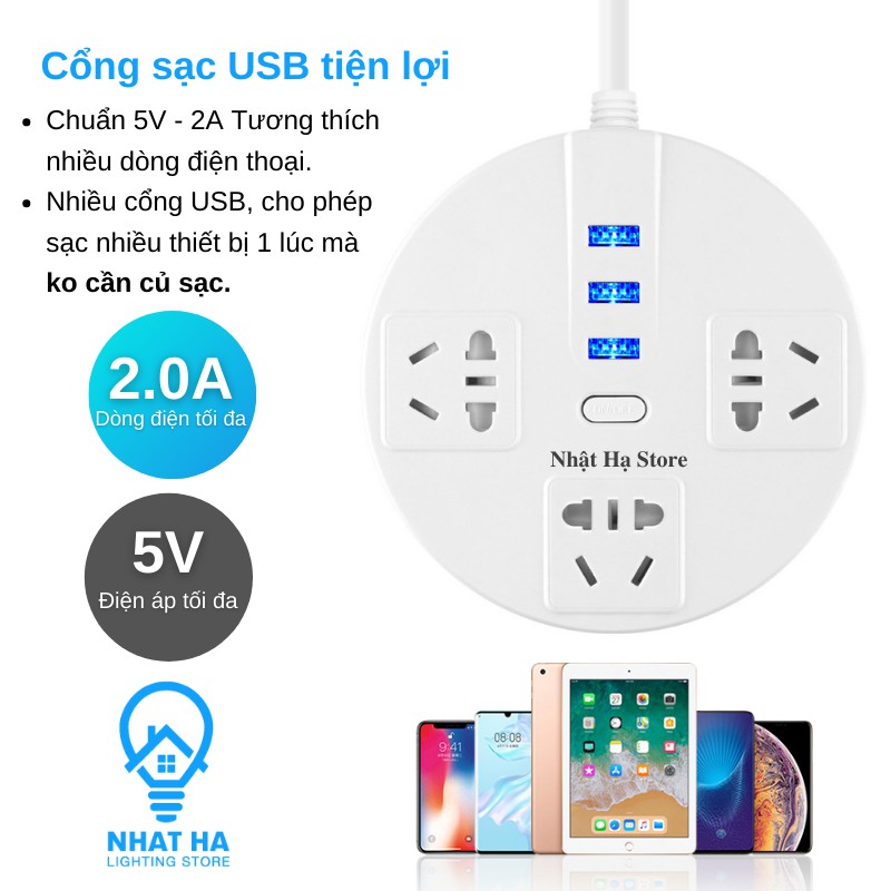 Ổ Cắm Điện USB Đa Năng Tròn Dây Dài 3m Có Nắp Bịt An Toàn Chống Giật Chịu Tải Lớn 2500W