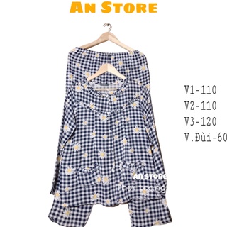 Bigsize - bộ đồ bầu dài, bộ mặc sau sinh hoạ tiết kẻ hoa cúc form rộng, bộ lanh bầu dài tay - an.store