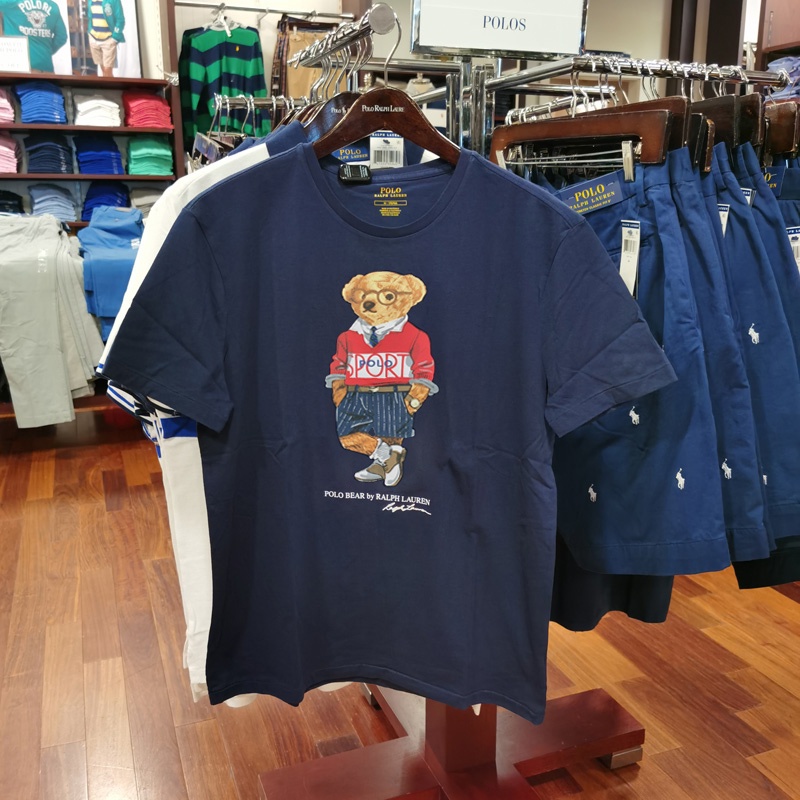 Áo thun Ralph Lauren tay ngắn cổ tròn vải cotton in hình gấu cho nam
