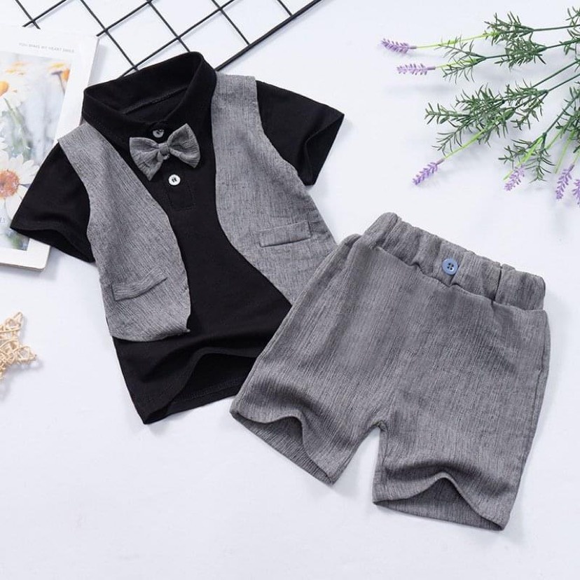 Set Công Tử Quần Áo Trẻ Em CHo Bé Trai Cao Cấp Phong Cách Cơ Trưởng Hàn Quốc Có Nơ Lịch Lãm Nhà MiDu Kid