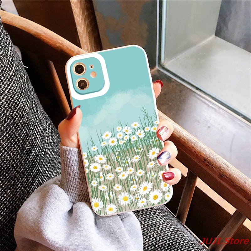 Ốp chống sốc iphone 13/12/11/Pro/Promax/x/xr/xsmax/6/7/8plus Ốp iphone Flowwer nền xanh mát dịu viền vuông bảo vệ camera