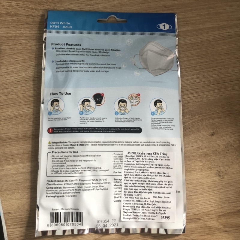 Khẩu trang 3M 9013 chống bụi và kháng khuẩn đạt chuẩn KF94 Hàn Quốc