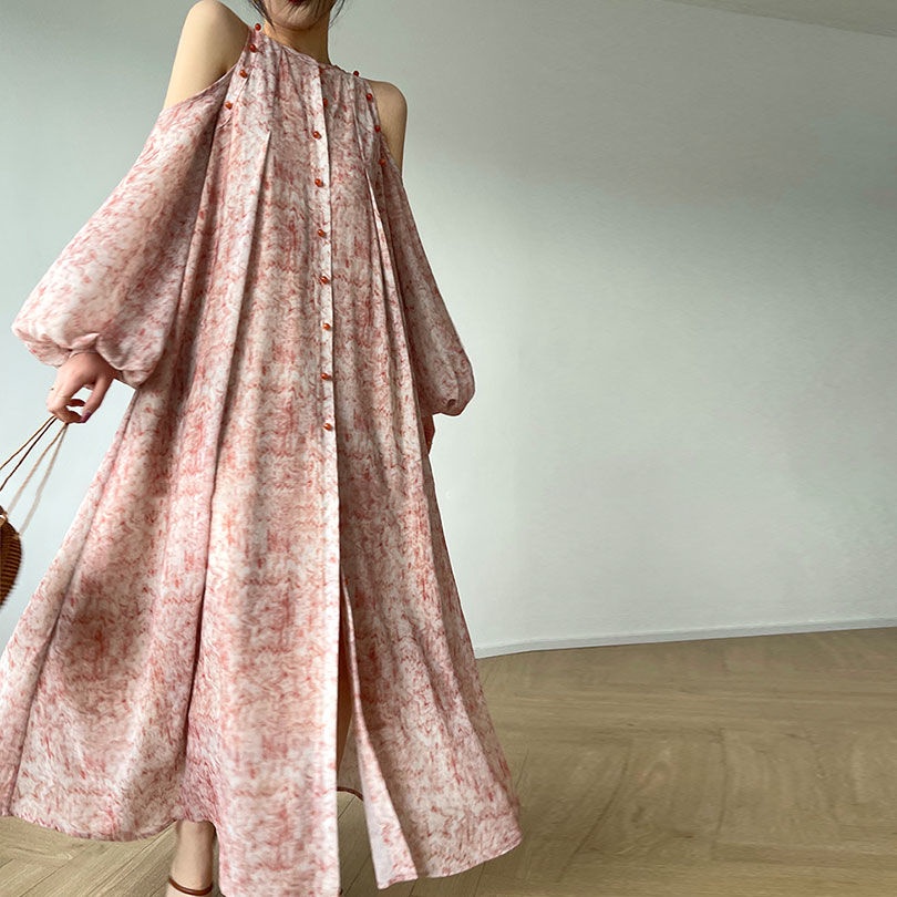 Hàng Có Sẵn Giao Hàng Ngay Ngay Ngay Lập Phương ~ 2022 Váy Dài Hở Vai In Họa Tiết Mực Phong Cách Pháp Mùa Thu