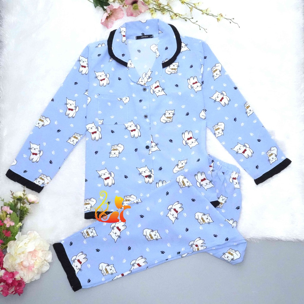 Bộ Đồ Mặc Nhà "Mèo Smile in Pijama Satin Lụa Hàn Viền Bèo Tay Dài Cao Cấp - Siêu Mát - Dưới 55kg.