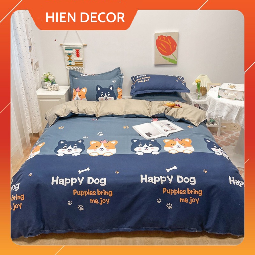 Bộ chăn ga Cotton Poly họa tiết HAPPY DOG bedding chăn ga Hàn Quốc đủ size miễn phí bo chun