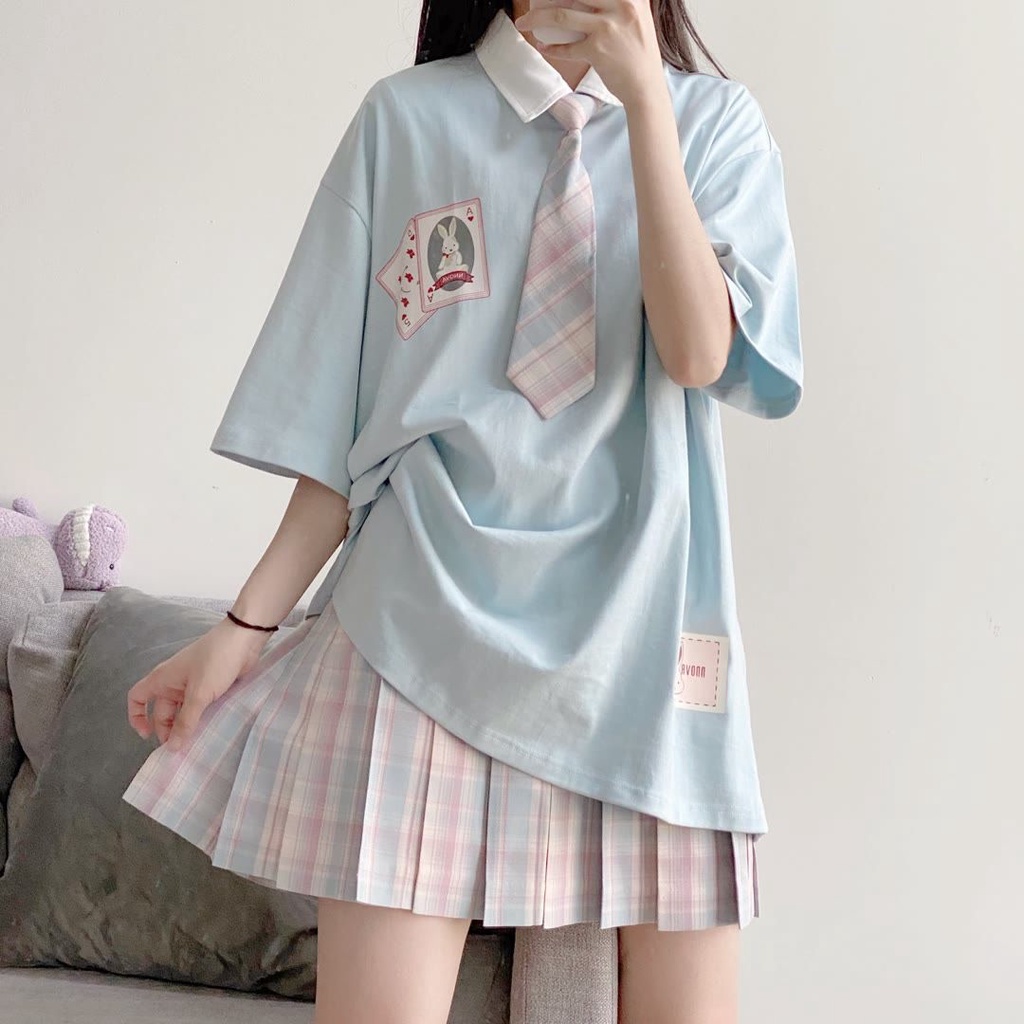 Bộ Áo Thun Ngắn Tay Dáng Rộng + Chân Váy Xếp Ly Kiểu Nhật Bản Dễ Thương Cho Nữ Sinh
