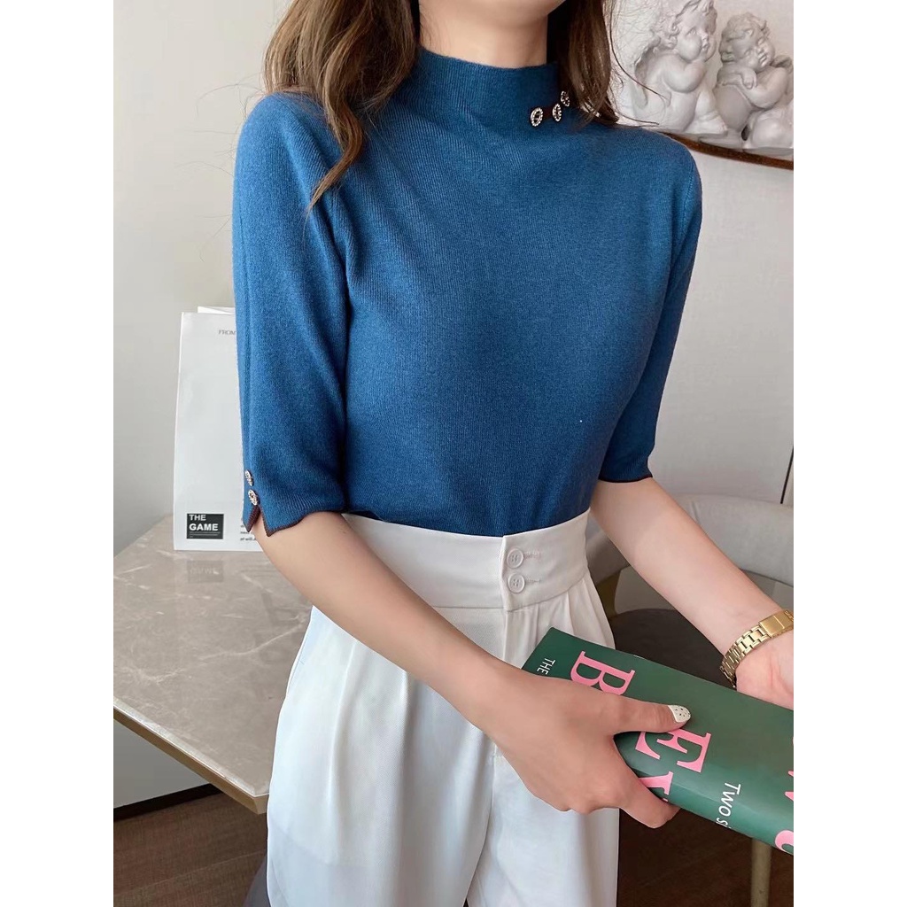 Áo len tay lỡ cổ tròn 3 phân đính đá